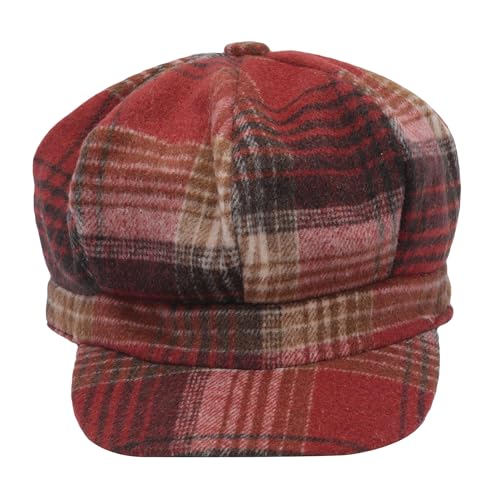 ZLYC Women Classic Newsboy Cap Visor 8 Panel Gatsby Cabbie Paperboy Hat - color: Plaid Burgundy and Brown