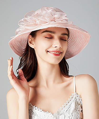 Bellady Big Brim Hat Organza Hats Summer Beach Cap Tea Party Wedding Fascinator Church Hats - color: Pink