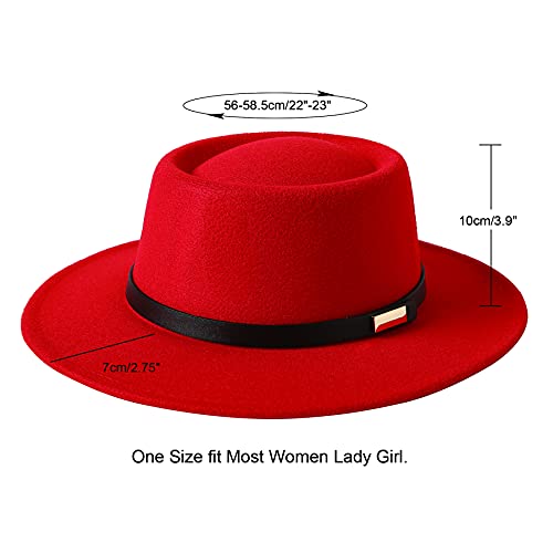 Lanzom Women Vintage Wide Brim Warm Wool Fedora Hat Belt Panama Hat Felt Jazz Hat - color: A-red