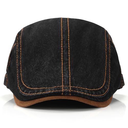 Mens Herringbone Tweed Newsboy Cap Flat Ivy Gatsby Hat Adjustable Cabbie Cap for Women - color: Denim Black