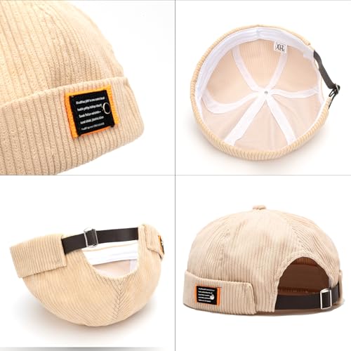 Men Docker Cap Brimless Skullcap Sailor Cap Rolled Cuff Retro Beanie Hat with Adjustable - color: Corduroy Beige