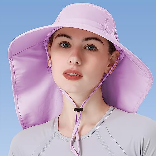 Womens Sun Hat UV Protection, Foldable Waterproof Wide Brim Bucket Hats with Neck Flap for Summer Beach Fishing Hiking - color: Purple