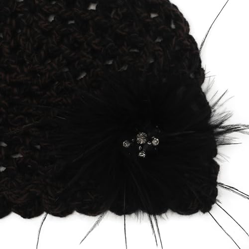 ZLYC Women Crochet Beanie Hat Summer Handmade Knit Decorated Skull Cap - color: Feather Black Mixed Brown Black