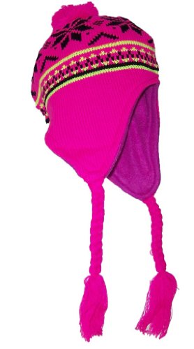 BWH Adult Neon Peruvian Snowflake Winter Ear Flap Hat (One Size)-Pink