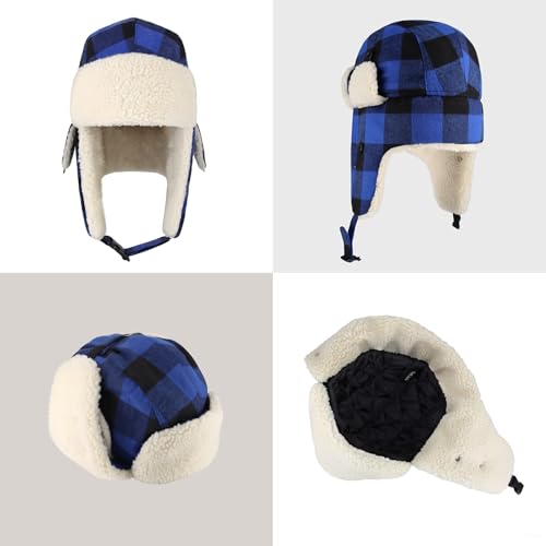 Buffalo Plaid Winter Trapper Hat, Sherpa Lined Ear Flap Hunting Cap Men - color: Buffalo Plaid (Royal)