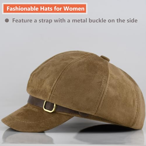 Newsboy Hats for Women - Retro Classic Plaid Hat Fashionable British Irish Beret Cap Girls Vintage Dressy Caps - color: Faux Suede Khaki