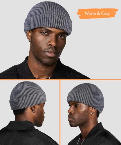 Heniho Wool Fleece Lined Fisherman Beanie for Men, Winter Warm Hats Cuffed Knit Watch Cap Trawler Hat - color: 1pack B- Grey