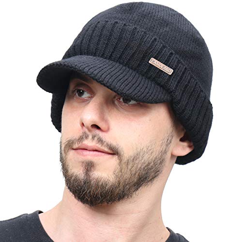Winter Beanie w/Visor & Earflaps for Men Outdoor Fleece Hat Scarf Set - color: Beanie Black