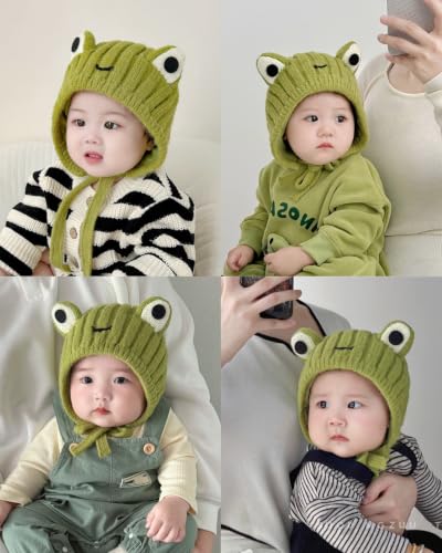 AMPOSSTO Baby Knitted Earflap Beanie Hat Cute Frog Winter Warm Ear Protection Skull Caps with Big Eyes for Boys Girls - color: Green