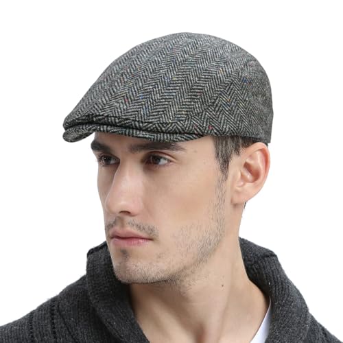 FEINION Men Wool Blend Flat Cap Tweed Newsboy Ivy Hat - color: Flecked Grey