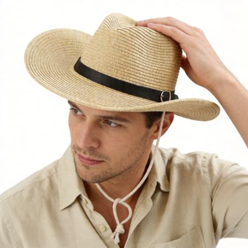 Men's Floppy Packable Straw Hat Beach Cap Newsboy Fedora Sun Hat, Big Brim, Adjustable Chin Strap - color: Beige
