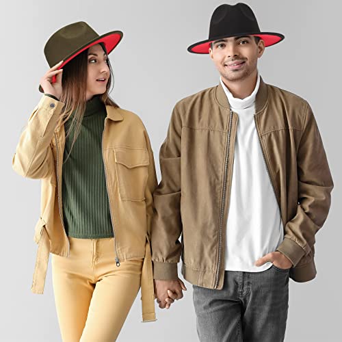 Funtery 4 Pcs Fedora Hats Adjustable Men Women Wide Brim Felt Hat Dress Panama Hat Two Tone Wide Brim with Buckle 22-22.8" - color: Black Red, White Red, Green Red, Camel Red
