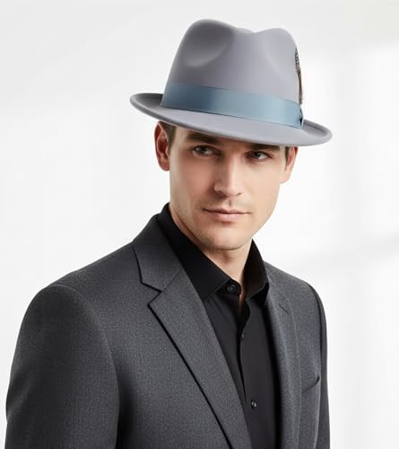 Lisianthus Short Brim Fedora Unisex Trilby Hat with Feather Band - color: Grey
