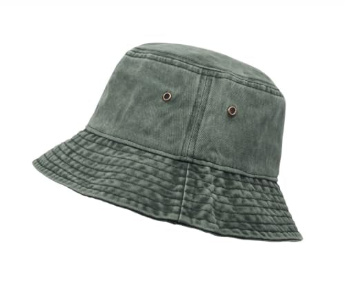 Bucket Hat, Wide Brim Washed Denim Cotton Outdoor Sun Hat Flat Top Cap for Fishing Hiking Beach Sports - color: Army Green