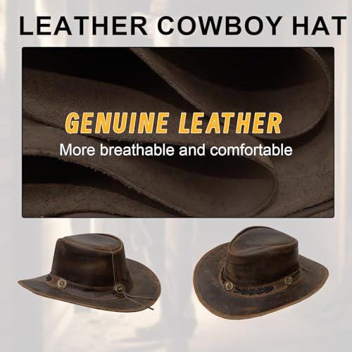 GARGOYLE BELLS Genuine Leather Cowboy Western Hat for Men Woman Studded Steampunk Hat Deadman Top Hat for Halloween Costume - color: Brown-b, size: 3X-Large