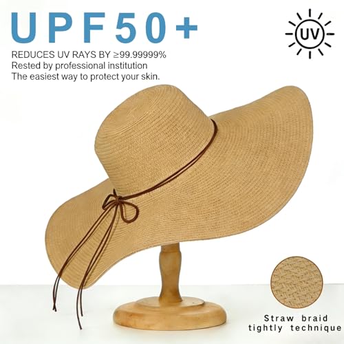 Womens Beach Sun Straw Hat Oversize Wide Brim Beach Roll up Hats Floppy Foldable Summer Hat Vacation UPF 50+ - color: Khaki02