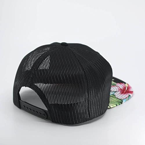 Plain Cotton Twill Flat Brim Mesh Adjustable Snapback Trucker Baseball Cap - color: Hawaiian/Black/Black