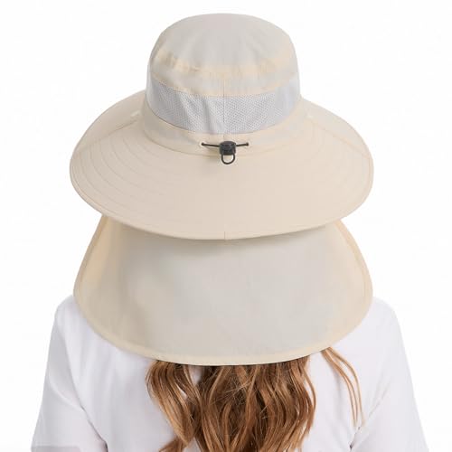 BASSDASH UPF 50+ Breathable Sun Hat with Removable Face Cover and Neck Flap Wide Brim Bucket Hat for Fishing Hiking Men Women - color: Beige