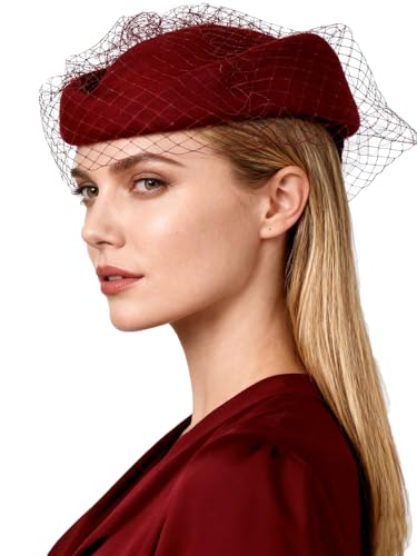 Wool Felt Vintage Beret Wedding Top Hats for Women Elegant Church Fedoras with Veil Ladies Cap Autumn Winter - color: Burgundy
