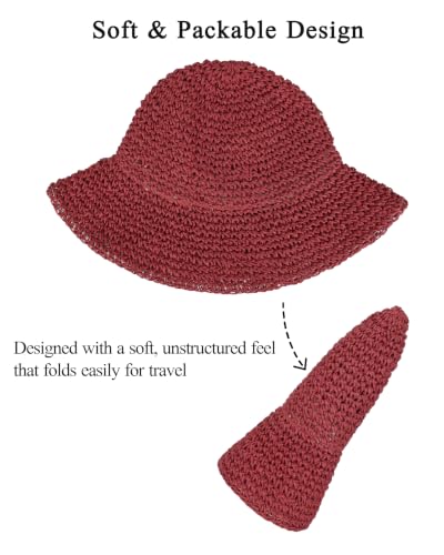 Womens Crochet Straw Sun Hat Foldable Floppy Wide Brim Beach Hat for Summer - color: Dark Red