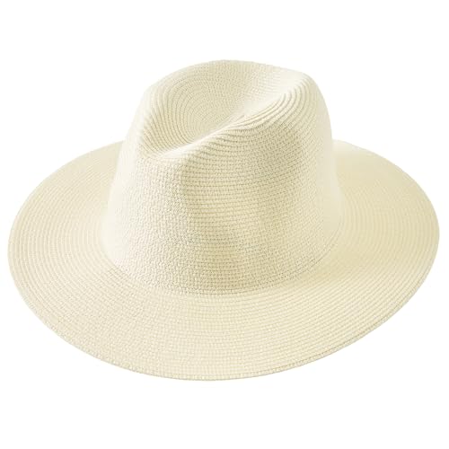Lanzom Women Wide Brim Straw Panama Roll up Hat Fedora Beach Sun Hat UPF50+ - color: Beige Without Band, size: One Size-Small