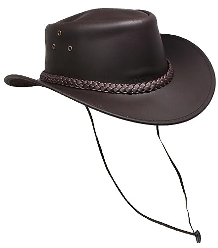 Men's Western Outback Waterproof Oiled Crushable Leather Hat 24H08 - color: Dark Brown, size: Medium (58 cm.)