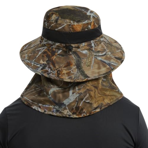 BASSDASH UPF 50+ Breathable Sun Hat with Removable Face Cover and Neck Flap Wide Brim Bucket Hat for Fishing Hiking Men Women - color: Autumn Forest
