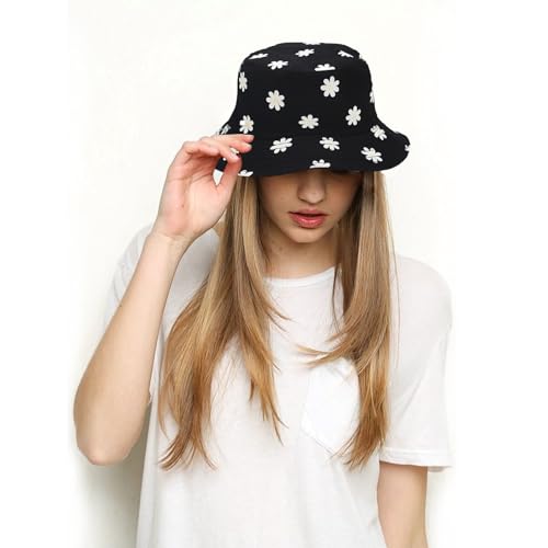 Bucket Hat for Women Men, Cotton Reversible Double Side Wear Sun Hats Beach Fisherman Hat - color: Flower Black