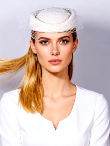 Wool Felt Vintage Beret Wedding Top Hats for Women Elegant Church Fedoras with Veil Ladies Cap Autumn Winter - color: White