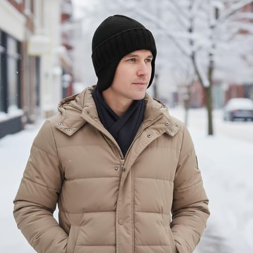 Home Prefer Mens Winter Hat Knit Earflap Hat Stocking Caps with Ears Beanie Hat - color: Black