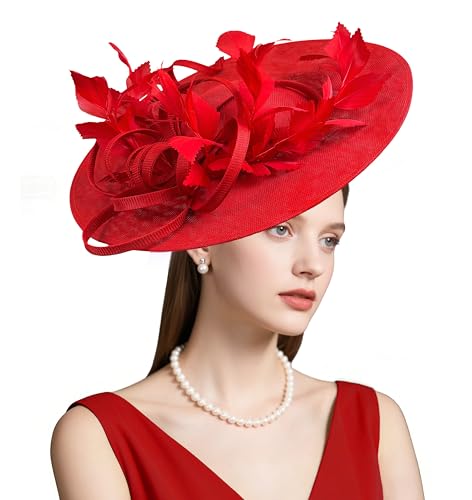 dressfan Fascinator Hats for Women,Linen Vintage Feather Headwear for Derby/Church/Wedding/Cocktail/Tea Party - color: Red