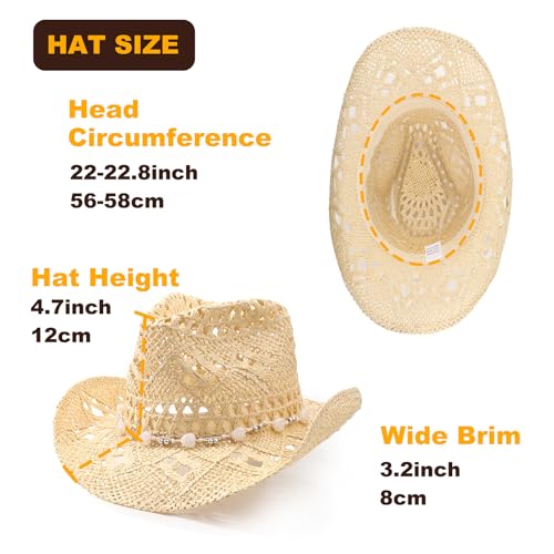 AQOKKA Straw Cowboy Hats for Women Men Western Cowgirl Hats with Shapeable Brim Woven Hollow Out Unisex Beach Roll Up Caps - color: Cowboy Hat : Beige