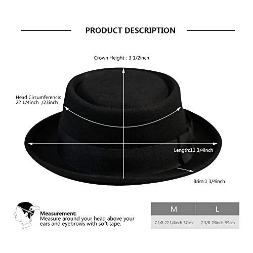 Pork Pie Hat for Men/Women Wool Felt Fedora Boater Porkpie Flat Top Derby Black - size: Large