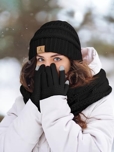 LOROME Winter Beanie Hat Scarf Gloves, Warm Fleece Knit Neck Scarf Set Gift - color: Black