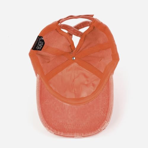 Criss Cross Ponytail Hat Women Washed Distressed Baseball Caps Adjustable High Messy Bun Ponycap - color: B - Denim Orange