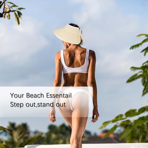 Women's Sun Visor Hats Wide Brim Straw Beach Hat Ponytail Hats for Women Foldable Floppy - color: 1pack-no Bow-beige2