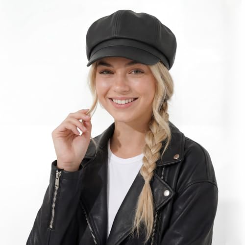 C.C Knitted Newsboy Cap for Women – Soft Knit Hat with Adjustable Velcro, Lightweight Warm Winter Style - color: Faux Leather-black