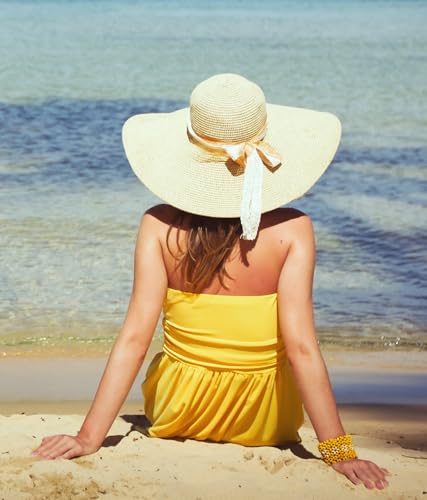 Lanzom Womens 5.7 Inches Big Bowknot Straw Hat Large Floppy Foldable Roll up Beach Cap Sun Hat UPF 50+ - color: Red