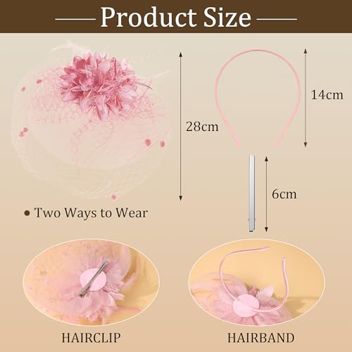 Fascinators Hats Tea Party Hats for Women Feather Veil Headband Vintage Lace Cocktail Headwear Bridal Wedding Veil Retro Hat - color: Pink