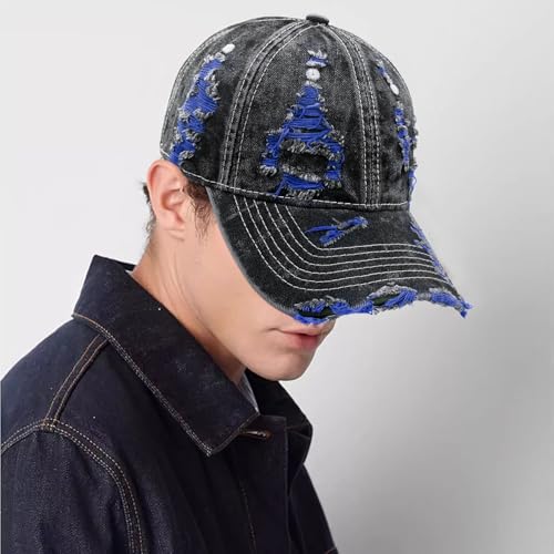 Distressed Washed Denim Baseball Cap Vintage Ripped Strapback Sun Hat for Men Women - color: Blue