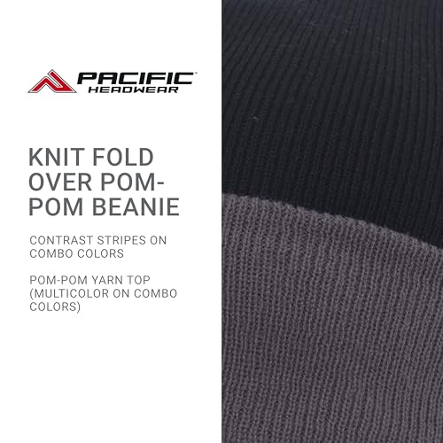 Pacific Headwear Unisex Adult Pacific Headwear Knit Fold Over Pom-pom Beanie - color: Black/Graphite, size: One Size