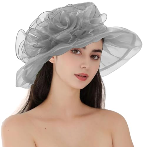 Women's Kentucky Derby Church Dress Hat Wide Brim Leaf Flower Bridal Shower Hat - color: G2 Grey