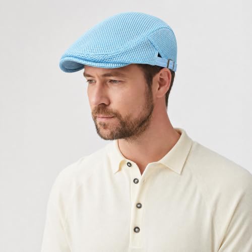 Initlove Mens Mesh Newsboy Cap Breathable Beret Ivy Hat Cabbie Driving Hats for Women - color: Lake Blue