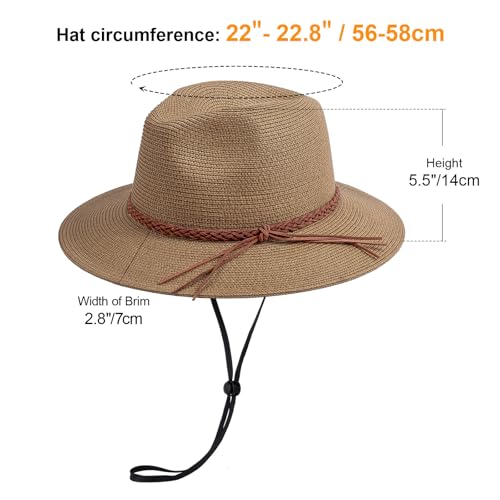 AQOKKA Summer Sun Hats for Women Straw Panama Hat with Wide Brim Roll Up Travel Fedora Beach Hat for Women Men UPF 50+ - color: Woven Rope : Coffee