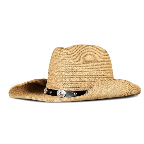 Lucky Brand Women's Straw Cowboy Hat | Rope Design | Western | Style | Fashion | Sun Protection | Breathable - color: Metal Concho - Tan