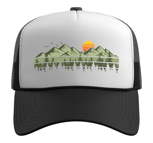 Trees Landscape Mountains Vintage Forest Trucker Hat with Adjustable Mesh Back - color: Black/White
