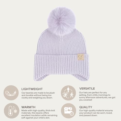 C.C Kids Ear Flap Fur Pom Beanie for Boys Girls - Comfortable Soft Warm Children Youth Knit Skully Hat with Faux Fur Pom - color: Lavender