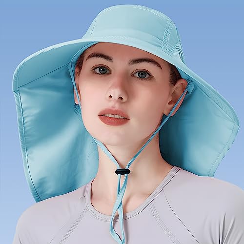 Womens Sun Hat UV Protection, Foldable Waterproof Wide Brim Bucket Hats with Neck Flap for Summer Beach Fishing Hiking - color: Sky Blue