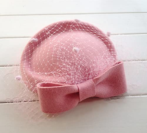 Z&X British Vintage Wool Felt Pillbox Hat Ladies Church Derby Winter Fascinator Hat Veil Flower Fedoras - color: 012 Pink