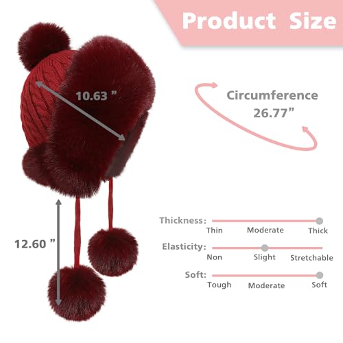 Winter Hats Cute Kint Hat Russian Fur Crochet Hat Slouchy Beanies with Pompom Warm Fuzzy Snow Cap Trapper Hat for Women - color: Wine